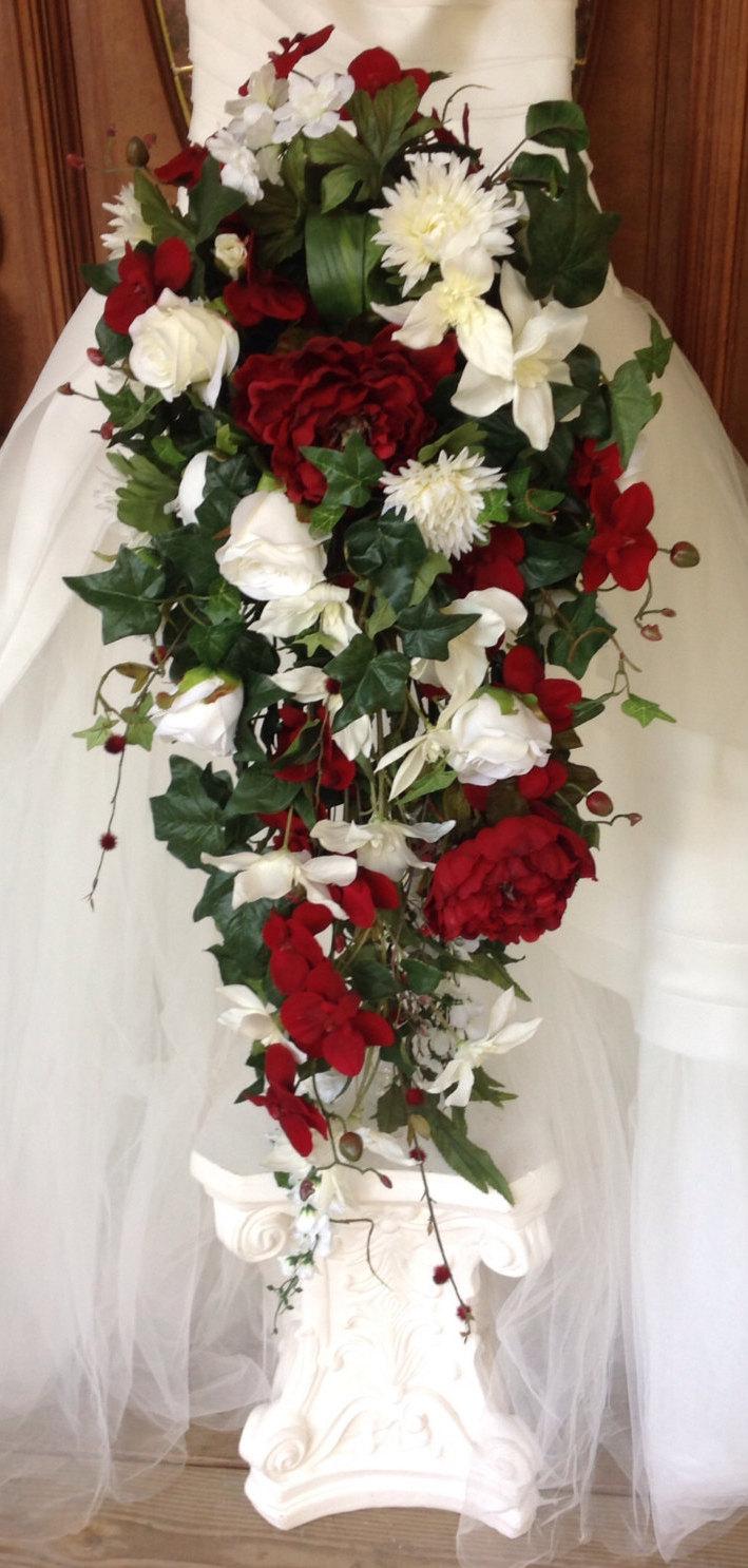 Hochzeit - Bridal Bouquet, Cascade Bouquet, Winter Bouquet, Large Bridal Bouquet, Red and White Wedding, Peony Bouquet, Orchid Bouquet, Rose Bouquet