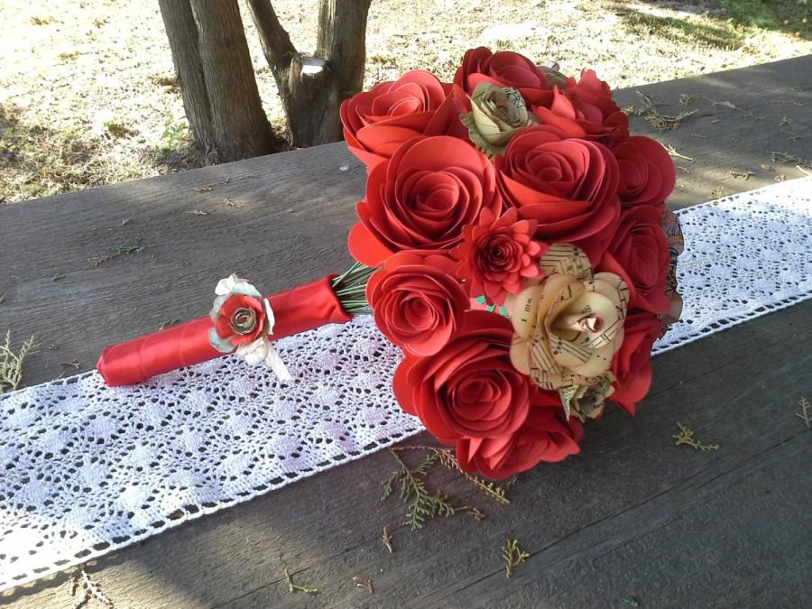 Mariage - Paper Bouquet.Paper flower bouquet.Wedding bouquet. map paper,music paper flower and red roses