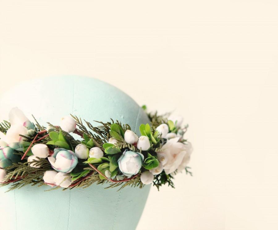 زفاف - Bridal floral crown, Natural floral wreath, Boho wedding headpiece, floral head piece, Green leaf crown, Ivory blush flowers - SHADOW GLEN