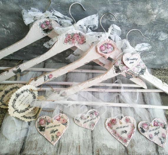 Hochzeit - Personalized wedding shabby chic hangers, Bridesmaid gift, Custom order wedding hangers, Pale pink roses wedding hanger, Hand painted hanger