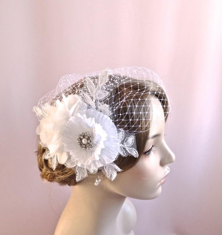 Mariage - Birdcage veil with flowers, wedding hair accessory,  flowered bridal bird cage veil, white bridal flowers, handmade flowers, Style 802