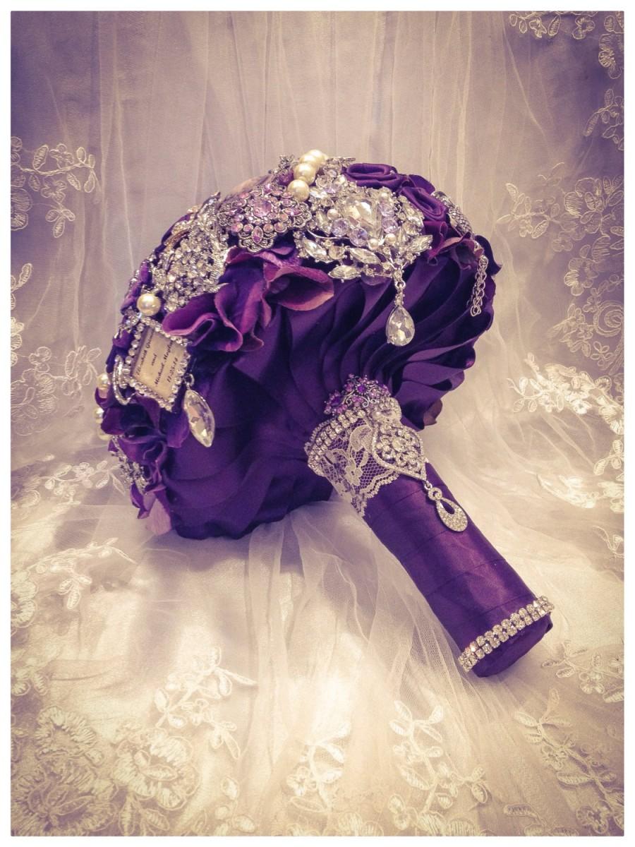 Свадьба - Purple Rich Classic Bridal Brooch Bouquet. Deposit on Purple Silver Gold Champagne Pearl Crystal Wedding Broach Bouquet