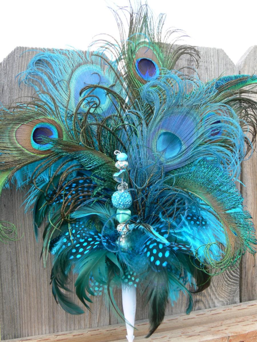 Hochzeit - Peacock Feather Cake Topper with Jewels in Turquoise Aqua Teal Coordinating Feathers