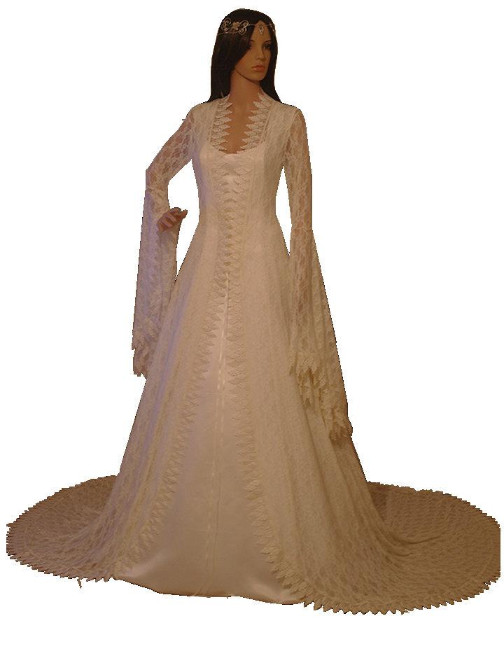 Mariage - elven dress, renaissance lace wedding dress, vintage style, elven dress,f antasy wedding dress, lace handfasting dress, medieval dress,