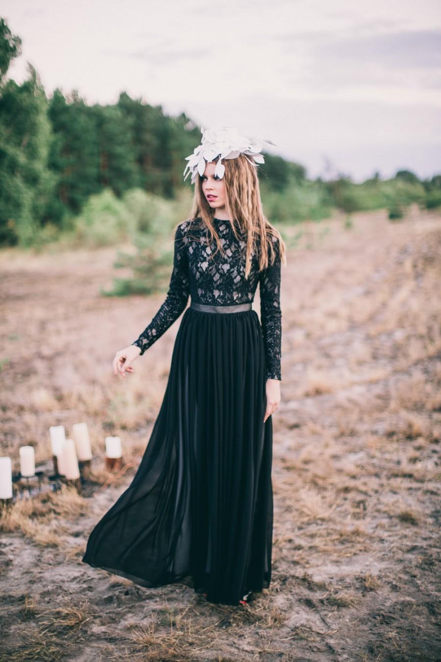 Wedding - Black a-line high-necked lace wedding dress with long sleeves and flowing layered chiffon skirt