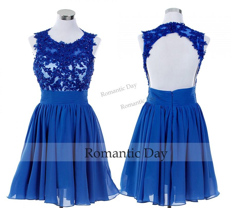 Hochzeit - 2015 Women Sexy Royal Blue Appliques Backless Short Homecoming Dress/Sexy A-Line Short Prom Party Dress/Custom Made 0398