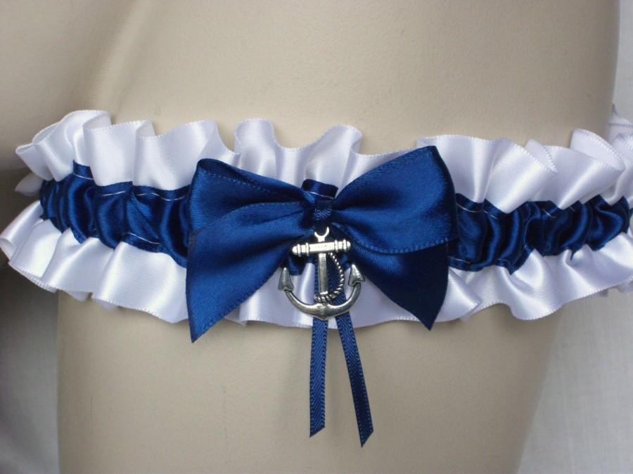Wedding Ceremony Military Ships Anchor Beach Ocean Blue Satin & Lace Garter 