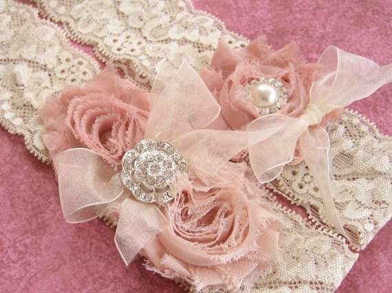 Wedding - Vintage Bridal Garter Wedding Garter Set Toss Garter included Dusty Rose Ivory with Rhinestones and Pearls  Custom Wedding colors