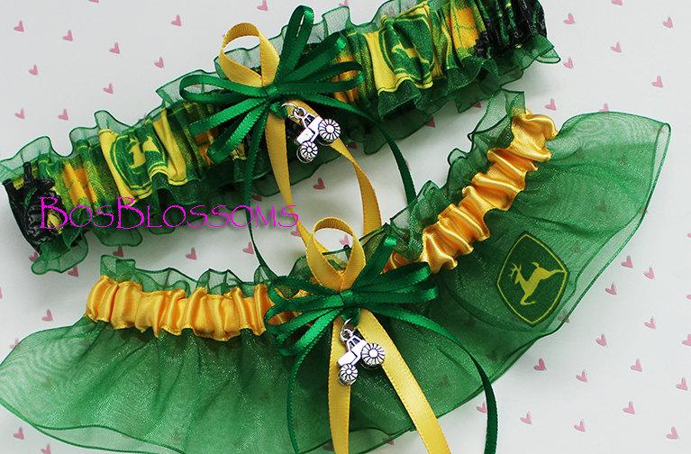 Hochzeit - Green n Yellow JOHN DEERE fabric handmade into wedding garters - garter set w/3D silver tractor charms - size xs s m l xl xxl