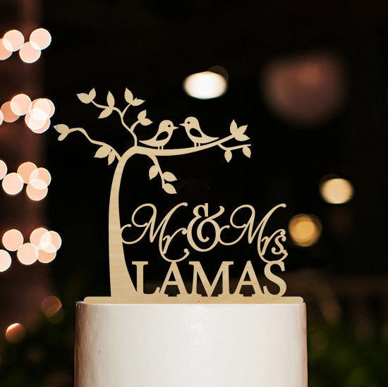 Wedding - Mr and Mrs Cake Topper,Personalized Last Name Cake Topper,Rustic Wedding Cake Topper,Tree Cake Topper,Cherry Wood Tree Cake Topper