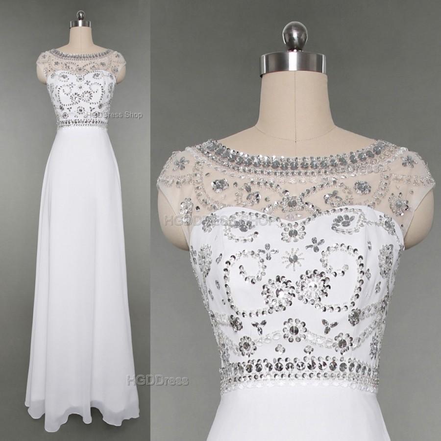 Wedding - White Bridesmaid Dress Handmade beading/Crystal Rhinestone Chiffon Prom Dresses Long Prom Dress Party Dress Long A-Line Formal Dress