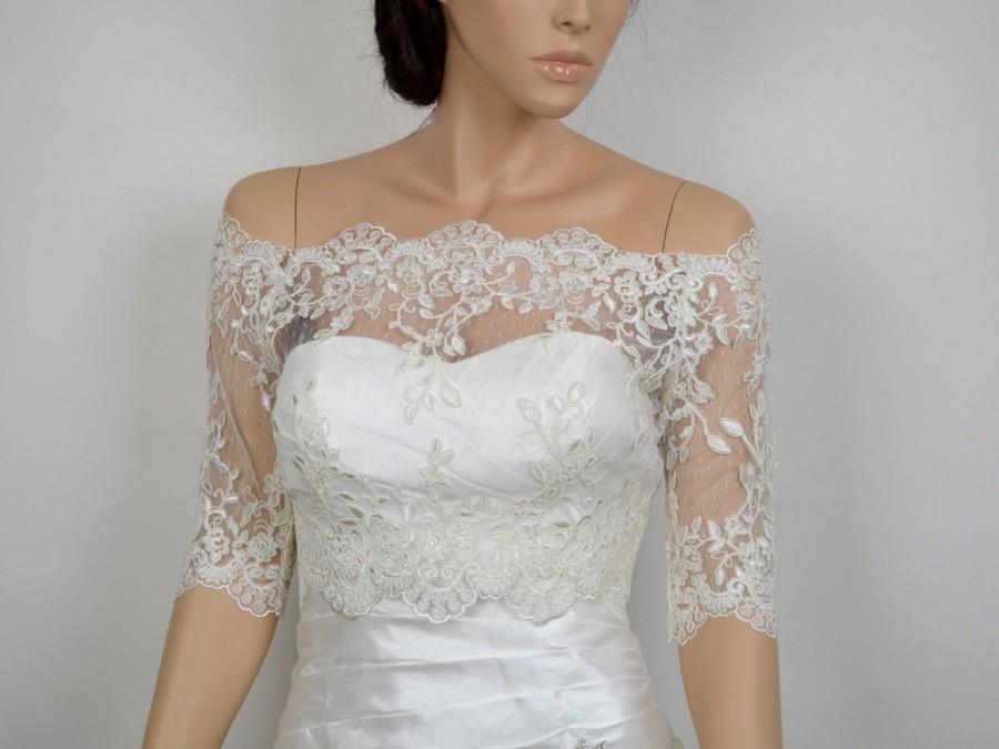 Hochzeit - Off-Shoulder ivory Alencon Lace bolero jacket dot lace