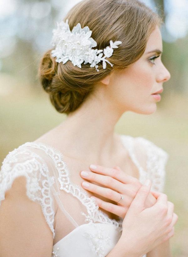Mariage - LUCILLE lace bridal comb with pearls in ivory