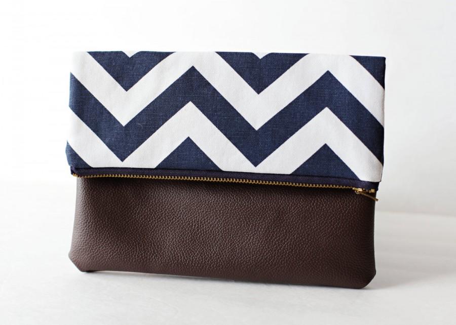 Wedding - Navy Chevron Clutch Purse with Brown Faux Leather, Bridesmaid Gift, iPad Mini Case