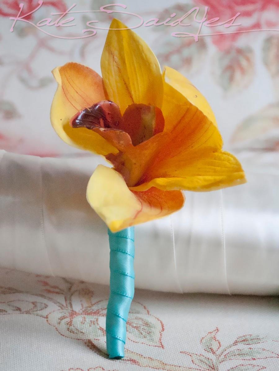 Mariage - Tangerine and Aqua Orchid Silk Boutonniere