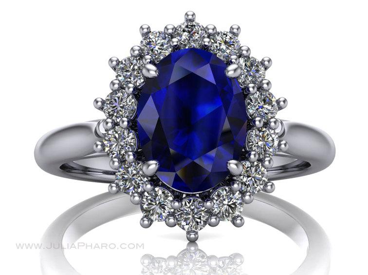 Hochzeit - The Duchess: 1.2ct Oval Royal Blue Sapphire & Diamond Cluster Ring set on 18K White Gold