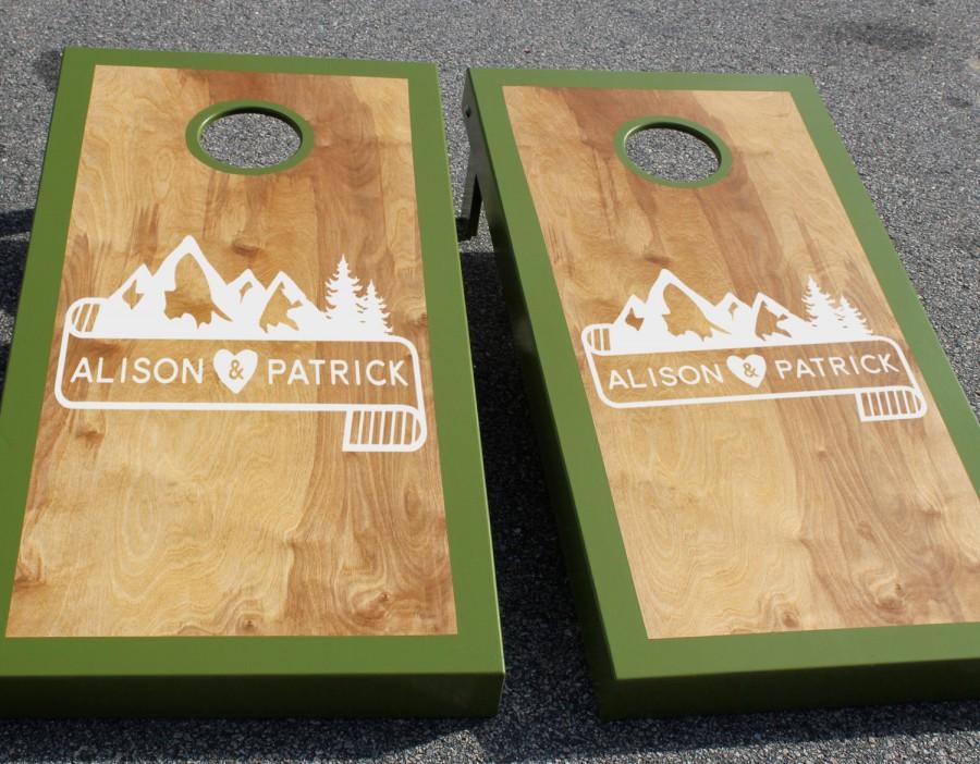 Wedding - Wedding Cornhole Board Decals: Set of Two Custom Mountain and Banner Decals