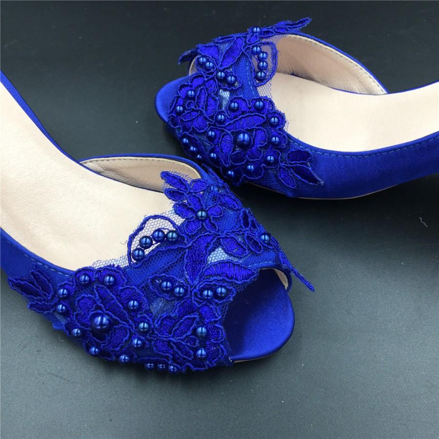 زفاف - Full Sizes Royalblue Peep toe ladies Wedding Shoes,Cobalt Lace Flowers Bridesmaid Heels Shoes,USA Size 4 5 6 7 8 9 10 11 12 Size 4~12.5