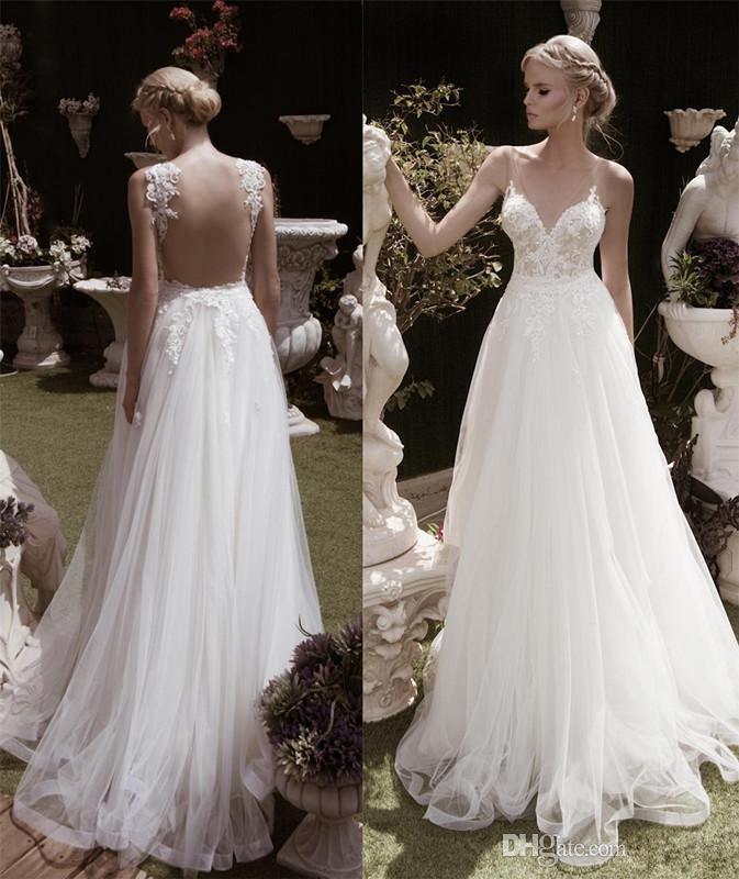 زفاف - 2016 New Lace Wedding Dress With V Neck A Line Sexy Hollow Back Ivory Tulle Bridal Gown Floor Length Custom Made Online with $100.58/Piece on Hjklp88's Store 