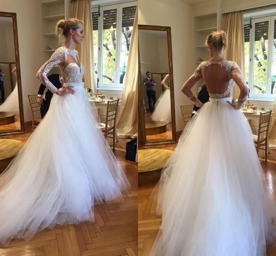 Hochzeit - 2016 Plus Size Berta Ball Gown Wedding Dresses Long Sleeves Lace Arabic Backless Open Back Cheap Fall Sheer Wedding Bridal Dress Sexy Tulle Online with $160.21/Piece on Hjklp88's Store 