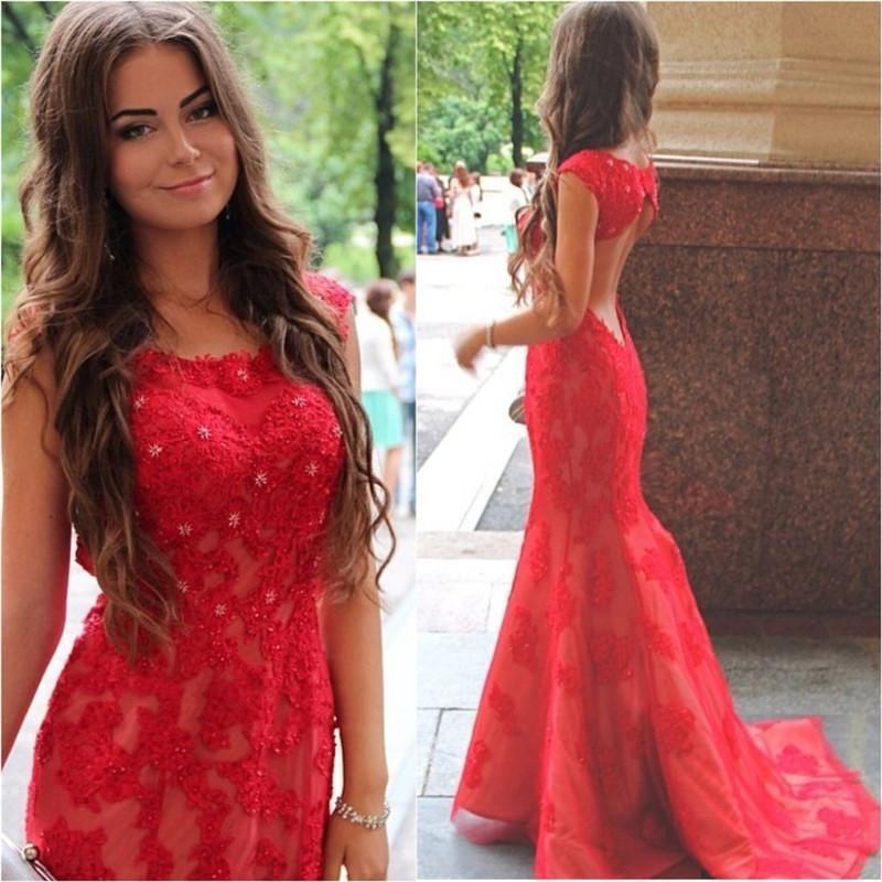 Mariage - 2016 New Red Cap Sleeves Lace Prom Dresses Tulle Applique Beaded Hollow Floor Length Party Evening Dresses BA0560 Online with $112.88/Piece on Hjklp88's Store 