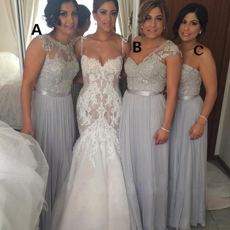 Hochzeit - Silver Chiffon Long Bridesmaid Dresses Cheap A-Line Beaded Lace Applique Mixed Styles Maid of Honor Dresses Summer Beach Dresses BO8543 Online with $70.96/Piece on Hjklp88's Store 