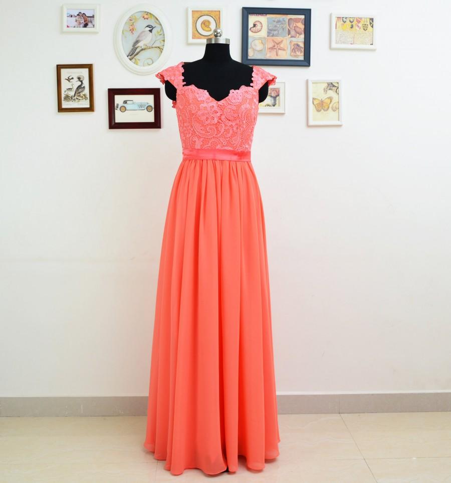 Hochzeit - Coral Long Lace Bridesmaid Dress A-line Chiffon Dress With cap sleeves and full back Prom Dress