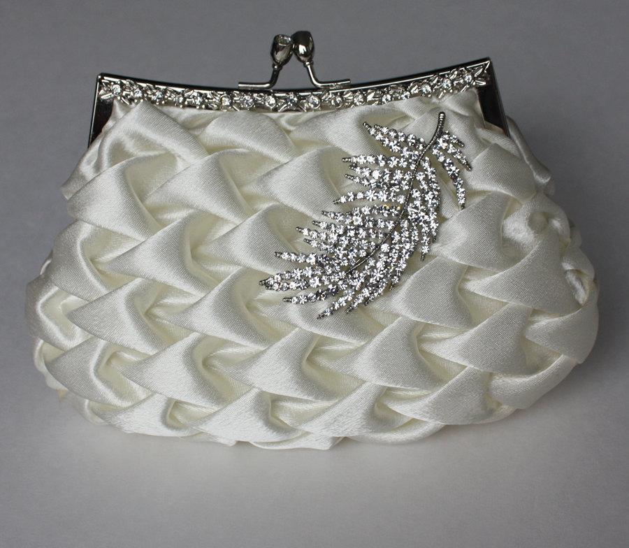 Wedding - Bridal Ivory satin clutch with Swarovski Crystal feather brooch