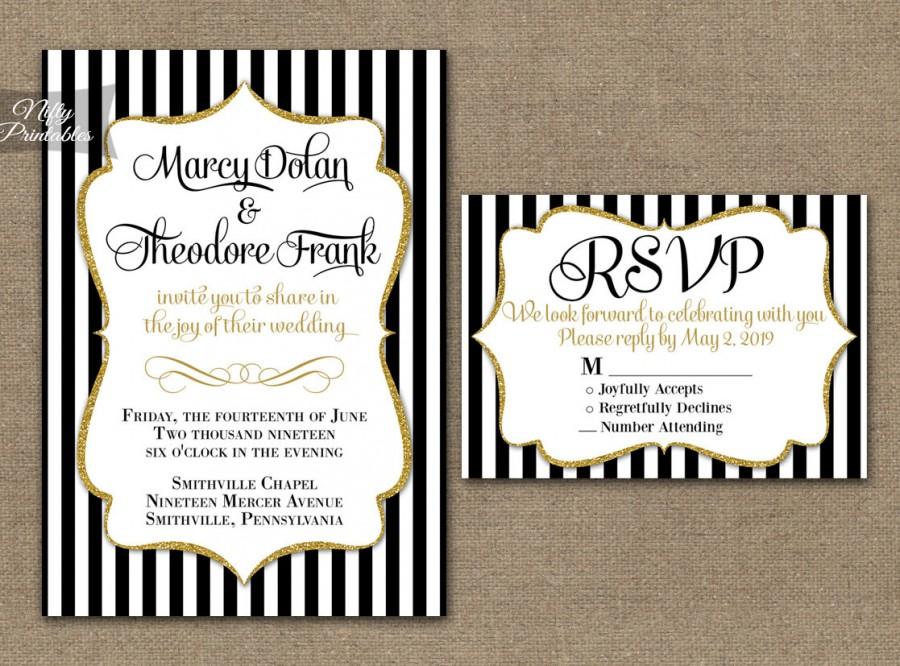 Hochzeit - Black Gold Wedding Invitations - Printable Black White Stripe Gold Glitter Wedding Invites - Elegant Wedding Invitation - Optional Suite BGL