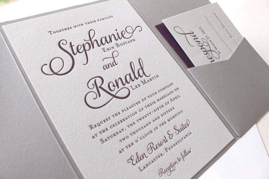 Wedding - The Violet Suite  - Modern Letterpress Wedding Invitation Suite, Purple, Plum, Grey, Liner, Calligraphy, Script, Swirls, Simple, Classic