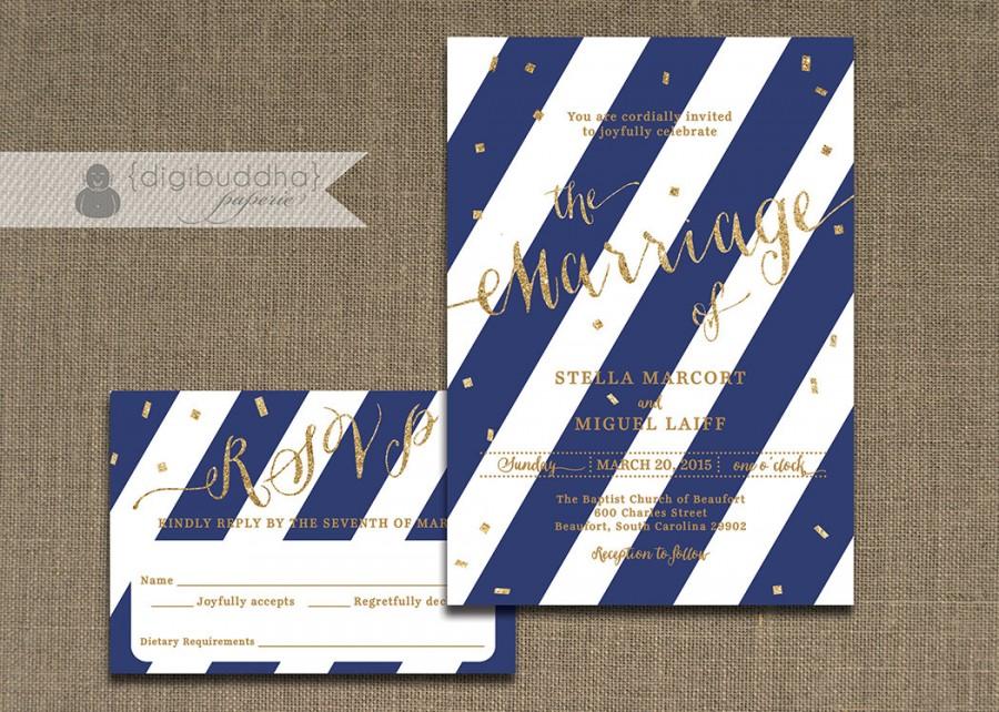 Hochzeit - Navy and Gold Wedding Invitation & RSVP 2 Piece Suite Gold Glitter Navy and White Stripes Modern Script Shabby Chic DiY or Printed- Stella