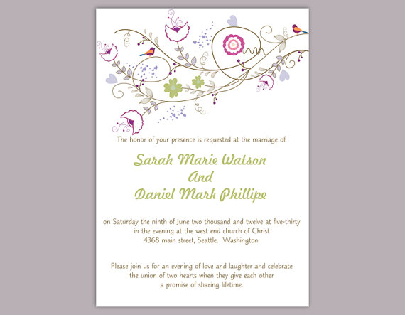 زفاف - DIY Wedding Invitation Template Editable Word File Instant Download Printable Colorful Invitation Flower Wedding Invitation Bird Invitation