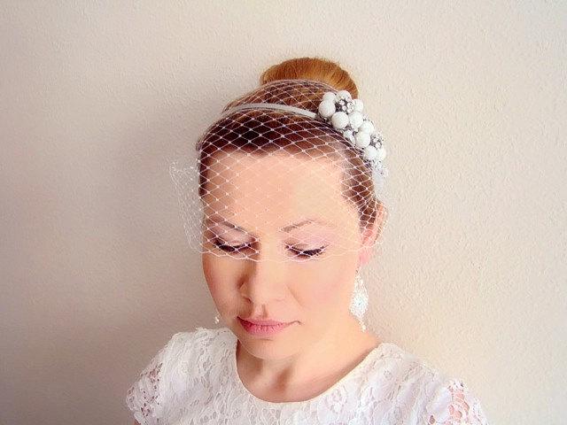 Wedding - Birdcage Veil, Vintage Style Pearl Floral Headband, Veil with Headband , Floral Fascinator - Flower Headpiece - FIONA