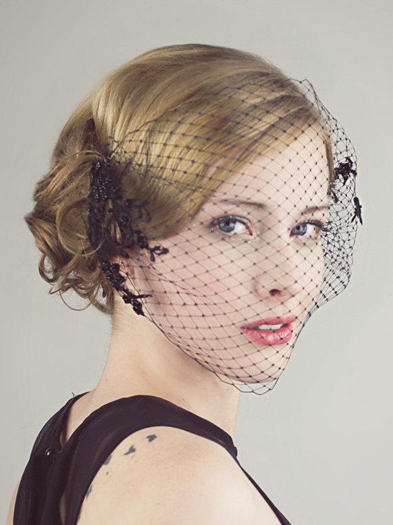 Mariage - Black Birdcage Veil With Beaded Lace
