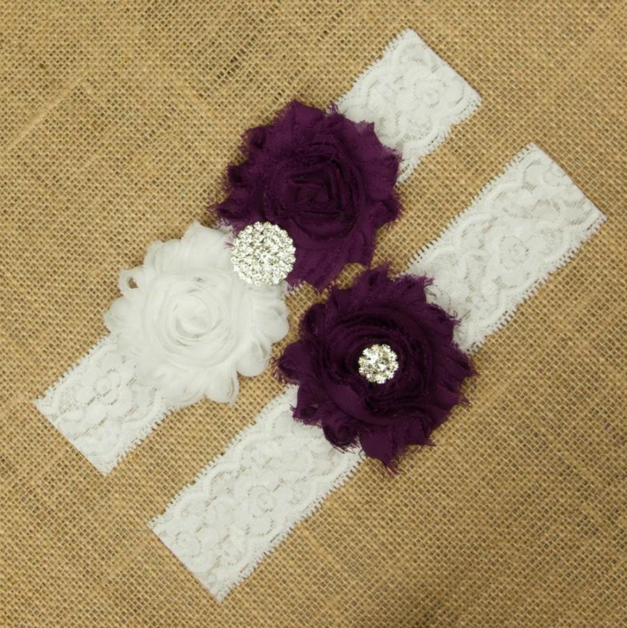 Wedding - Deep Purple Wedding Garter Set, Bridal Garter Set, Purple Garters, White Lace Garter, Toss Garter Keepsake Garter, Purple Wedding, SCW1-P05