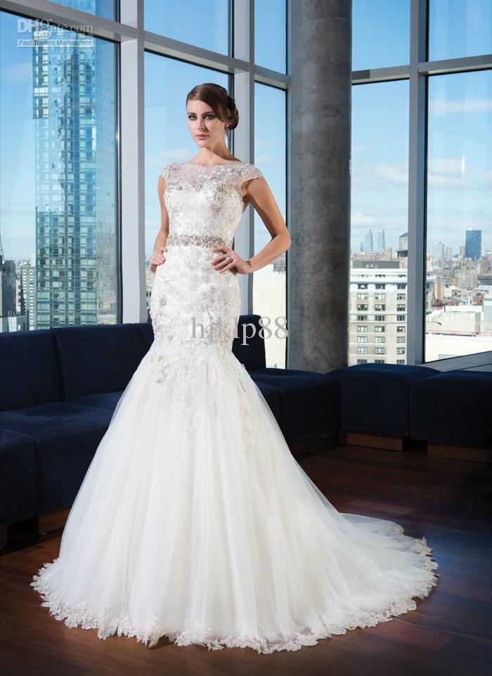 Wedding - 2014 New Arrival Illusion Bateau Neck Cap Sleeves Beaded Belt V Back Applique Lace Tulle Cheap Bridal Dress Covered Button Wedding Dresses Weddings Ball Gowns From Hjklp88, $123.85