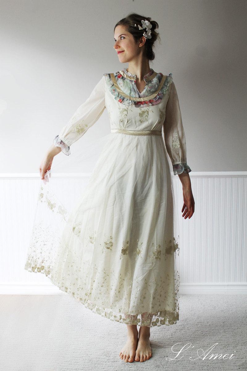 Wedding - Floor Length Vintage Style Golden Chiffon Lace Wedding Dress with Hand Beaded Accents
