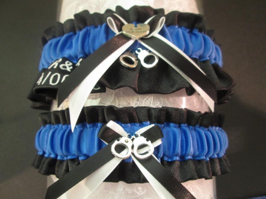 Wedding - Embroidered Handcrafted Police Wedding Garter Set - Blue Line Police Garters - Police Wedding Garters - Something Blue Gift.