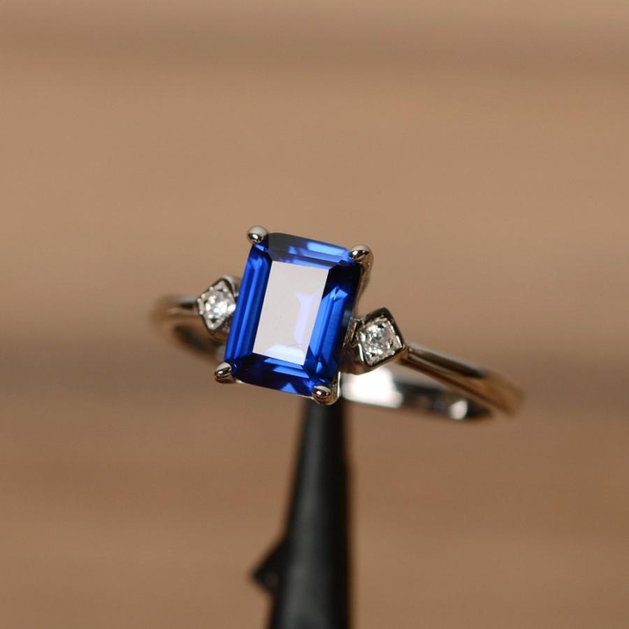 زفاف - Blue sapphire ring engagement ring September birthstone ring silver wedding ring