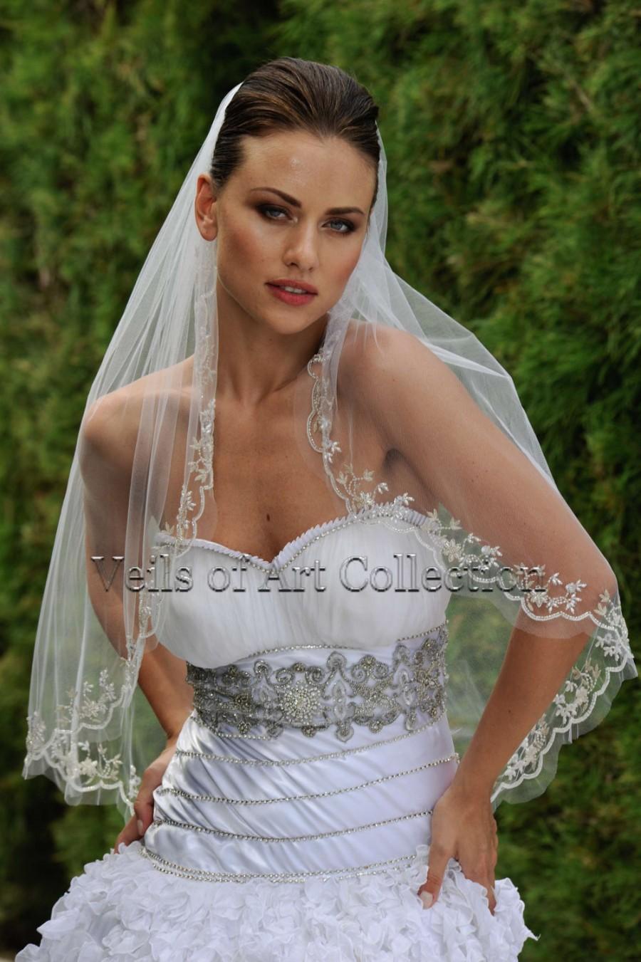 زفاف - Designer One Tier Embroided Bridal Wedding Veil Fingertip Style VE307 NEW CUSTOM VEIL