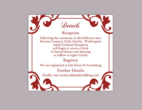 Свадьба - DIY Wedding Details Card Template Editable Word File Instant Download Printable Details Card Wine Red Details Card Elegant Information Cards