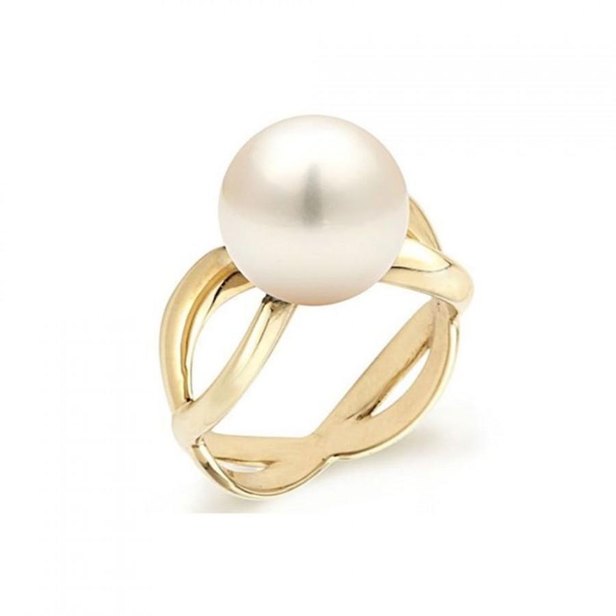 زفاف - White Pearl Ring, Engagement Ring, 14K Yellow Gold Ring, Size 6