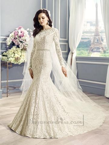 Hochzeit - Long Sleeves Bateau Neckline Lace Embellished Mermaid Wedding Dress with Deep V-back