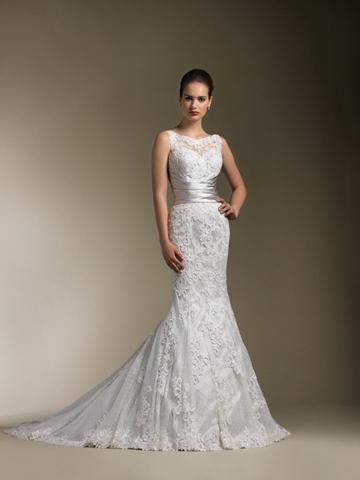 Hochzeit - Sheer Lace Neckline Sweetheart Embroidered Wedding Dress with Lace Trumpet Skirt