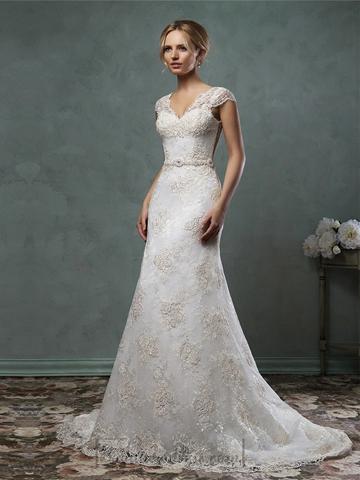 Свадьба - Cap Sleelves V Neckline Lace Embroidery A-line Wedding Dress