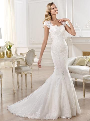 Hochzeit - Cap Sleeves Straight Straps Neckline Mermaid Wedding Dress Featuring Applique Crystal
