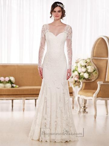 Hochzeit - Illusion Long Sleeves A-line Lace Wedding Dresses with V-back
