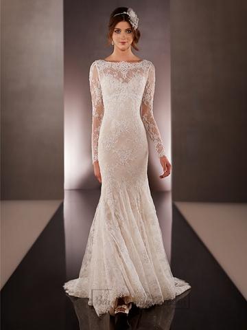 Mariage - Illusion Long Sleeves Bateau Neckline Embroidered Wedding Dresses with Low V-back