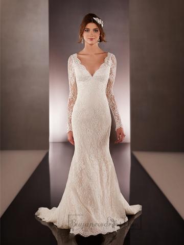 زفاف - Long Illusion Slleeves V-neck Lace Wedding Dresses with Low V-back