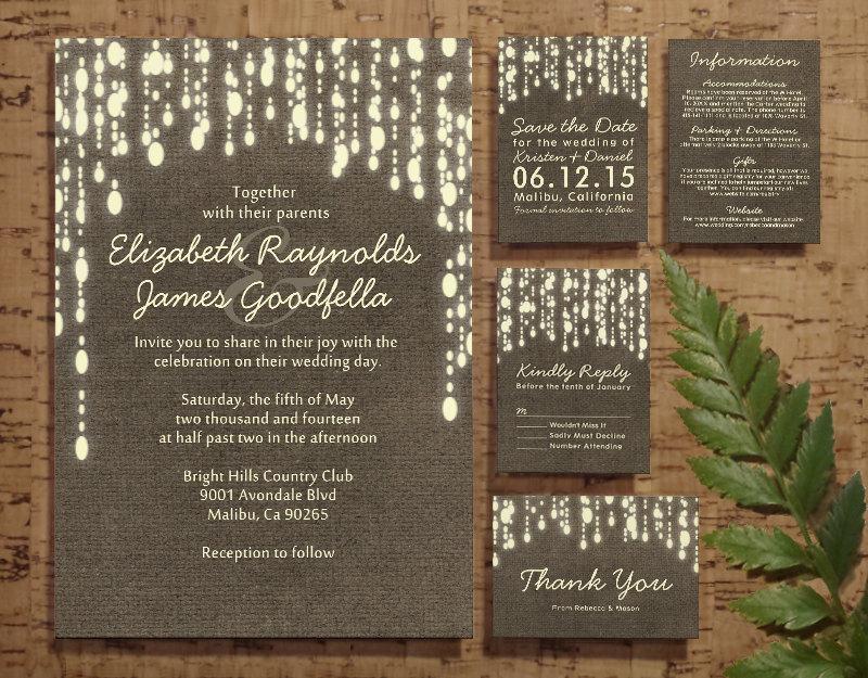 زفاف - Country String of Lights Wedding Invitation Set/Suite, Printed/Printable Wedding Invitations/Invites, Save the date,RSVP,Thank You Cards,PDF